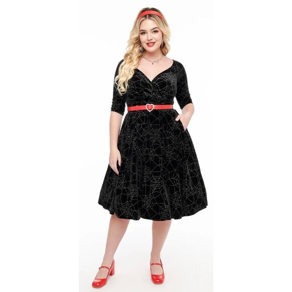 Unique Vintage 1950’s Black Velvet Spiderweb Marceline Swing Dress M NWOT - Picture 3 of 4